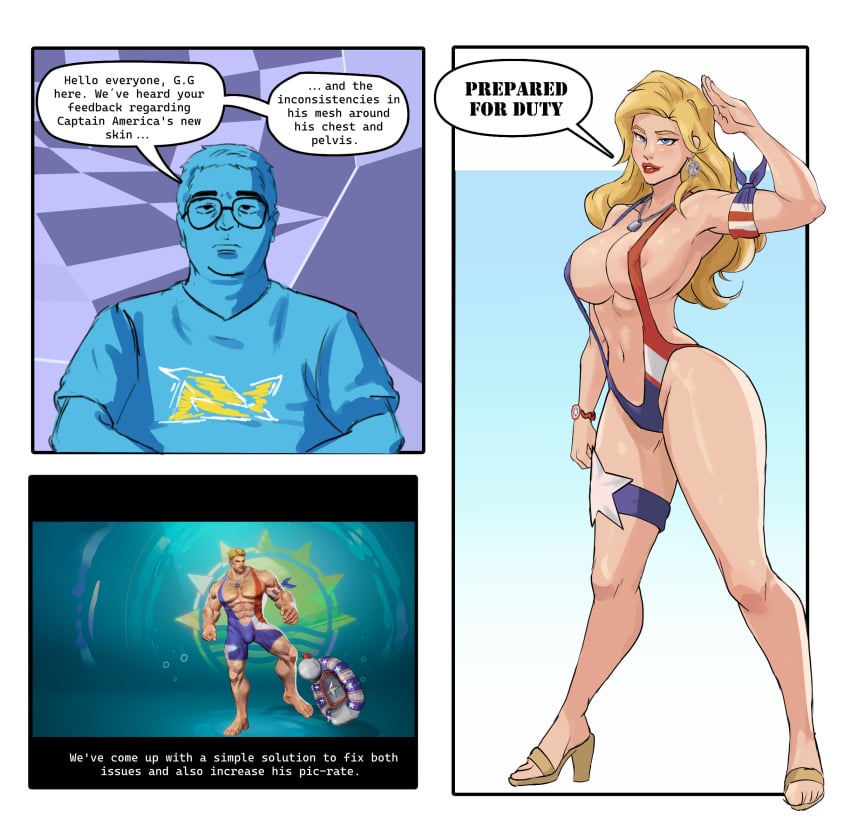 big_ass big_breasts blonde_hair captain_america comic_page english_text gearthefae genderswap genderswap_(mtf) long_hair marvel_comics marvel_rivals parody rule_63 sling_bikini