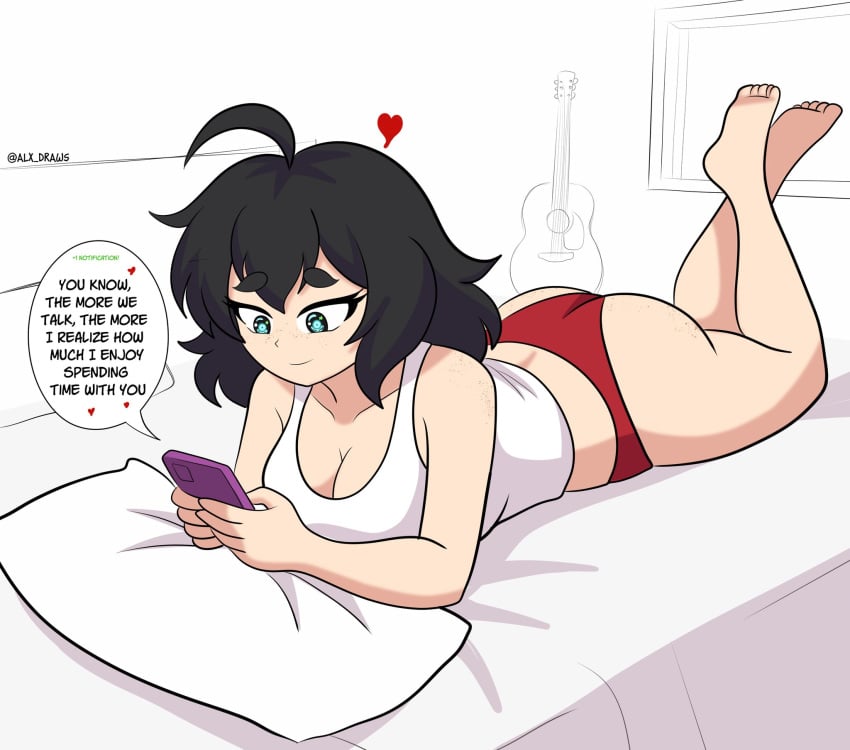 1girl alxdraws bed big_ass big_breasts black_hair blue_eyes bubble_butt claire_(alxarts) original original_character red_panties red_underwear shirt short_hair simple_background simple_coloring white_shirt