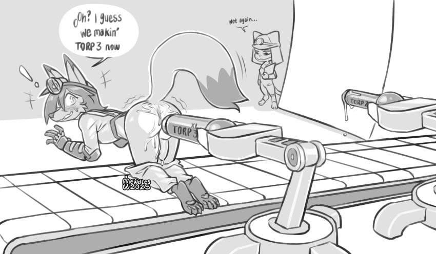 anthro blush bottomwear bottomwear_down canid canine chrissy_(mewdles) clothed clothing cyrus_nightfire dialogue dildo factorio femboy fox genitals guess_we_doin_(meme) hi_res impending_penetration kneeling male mammal mechanical_arm mewdles monochrome nervous pants pants_down partially_clothed pawpads paws penis sex_toy solo speech_bubble text wube_software