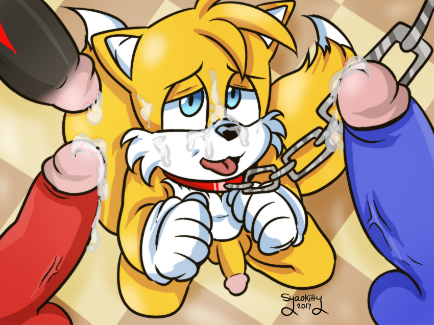 2017 anthro canine chain_leash chains collar cum cum_on_face echidna foursome fox furry group group_sex hedgehog humanoid_penis knuckles_the_echidna leash male male_only mammal monotreme penis sex shadow_the_hedgehog sonic_(series) sonic_the_hedgehog syaokitty tails team_sonic yaoi