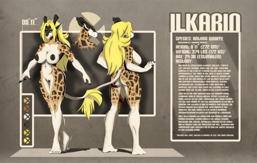 anthro avias_(artist) breasts female giraffe looking_at_viewer mammal model_sheet nipples nude pussy smile solo standing wide_hips