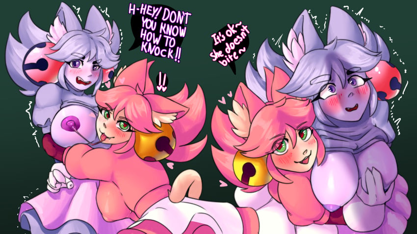16:9 4k absurd_res bodily_fluids breast_play breast_suck breasts clothed clothing domestic_cat duo felid feline felis female female/female green_eyes grey_body grey_hair grey_skin hair heart_eyes heart_symbol hi_res humanoid irritable_ghost_(deltarune) kurotodraw mad_mew_mew mammal mew_mew_(undertale) pink_(deltarune) pink_body pink_hair pink_skin purple_eyes saliva saliva_string shadow sucking tongue tongue_out widescreen