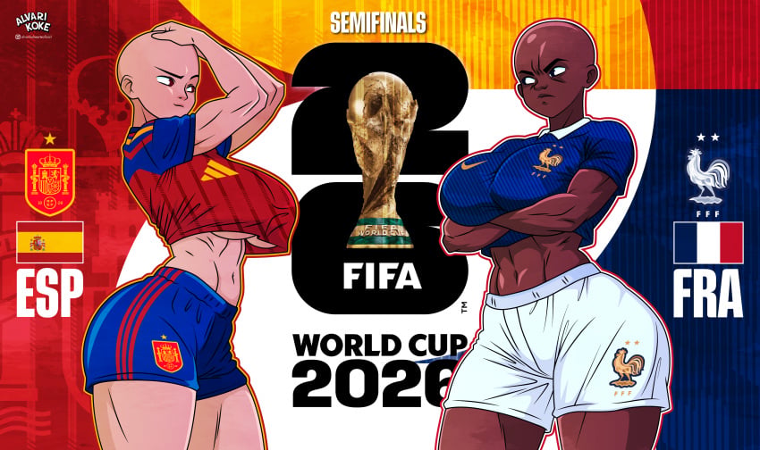 2020s 2026 2d 2girls alvarikokearte bald bald_female big_breasts breasts countryhumans countryhumans_girl countrypersons dark-skinned_female dark_skin female female_only fifa france_(countryhumans) png spain_(countryhumans) tagme world_cup