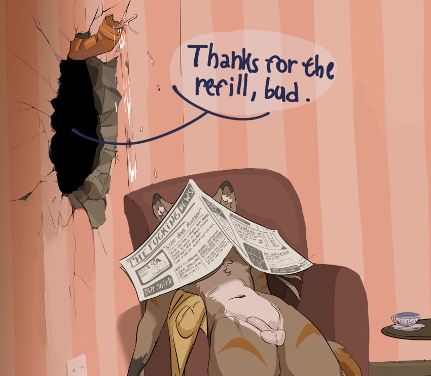anthro balls biped brown_body chair container cup dialogue dreamy_pride dreamy_pride_(character) english_text furniture genitals hi_res hole_in_wall male mammal newspaper penis sitting solo solo_male speech_bubble tea_cup text