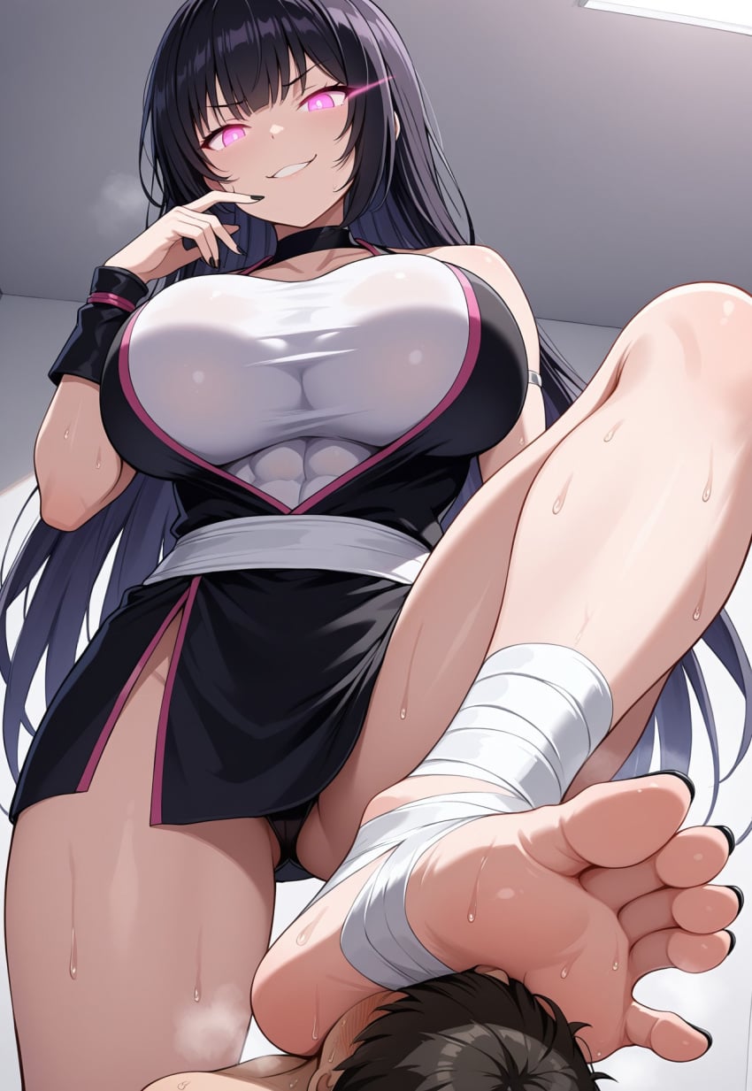 abs ai_generated bandages feet foot_fetish foot_worship glowing_eyes kunoichi large_breasts larger_female pink_eyes size_difference toenail_polish trampling