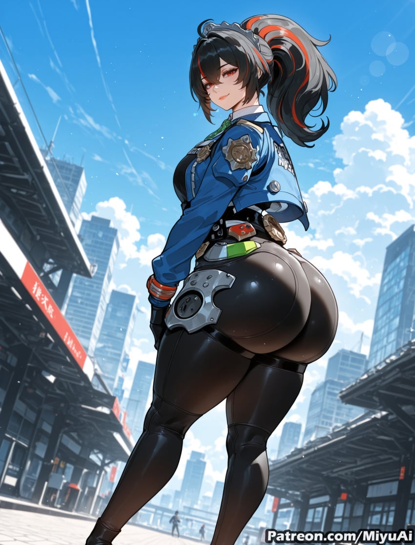 1girl ai_assisted ai_generated ass black_hair breasts building city curvaceous curvy curvy_female curvy_figure day female gloves jacket large_breasts long_hair looking_at_viewer looking_back miyuai multicolored_hair police police_uniform policewoman ponytail red_eyes sky skyscraper solo thick thick_ass thick_butt thick_hips thick_legs thick_thighs thighs voluptuous voluptuous_female wide_hips wide_thighs zenless_zone_zero zhu_yuan