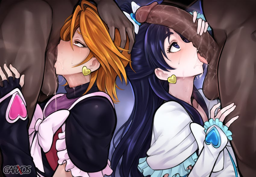 2boys 2girls ai_generated back_to_back black_hair blue_eyes cock_worship cure_black cure_white dark-skinned_male deepthroat defeated dress fellatio futari_wa_precure garxos head_grab huge_penis interracial irrumatio licking_penis light-skinned_female light_skin magical_girl misumi_nagisa oral orange_eyes orange_hair precure pretty_cure saliva saliva_on_penis teenage_girl teenager yukishiro_honoka