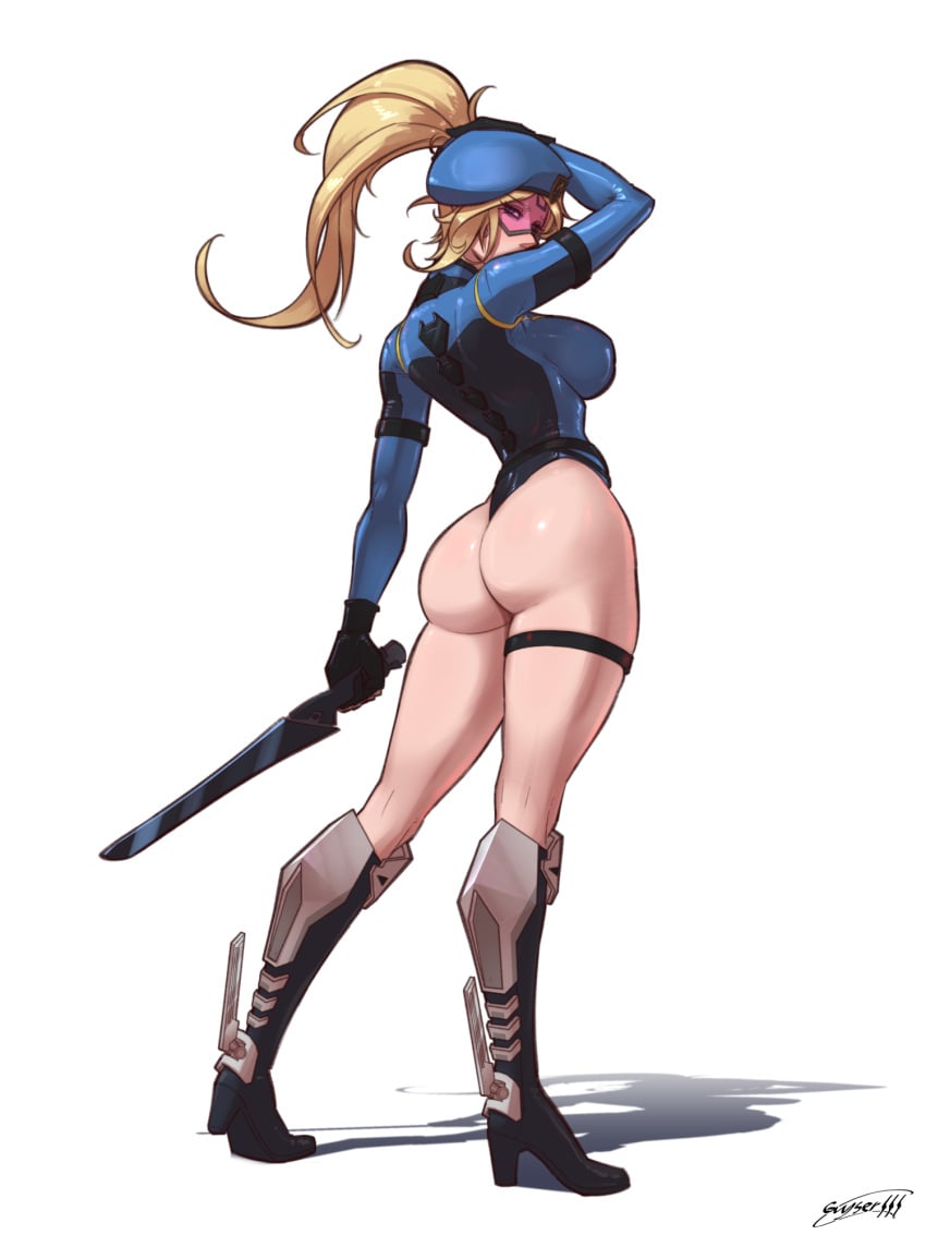 1girl adjusting_hair ass ass_focus baton beret blonde_hair boots child_bearing_hips curvaceous curvaceous_body curvaceous_female curvaceous_figure curvaceous_hips curvaceous_thighs femcop_(pure_onyx) from_behind full_body guyser3 leotard pure_onyx solo standing thigh_strap thighs waifu