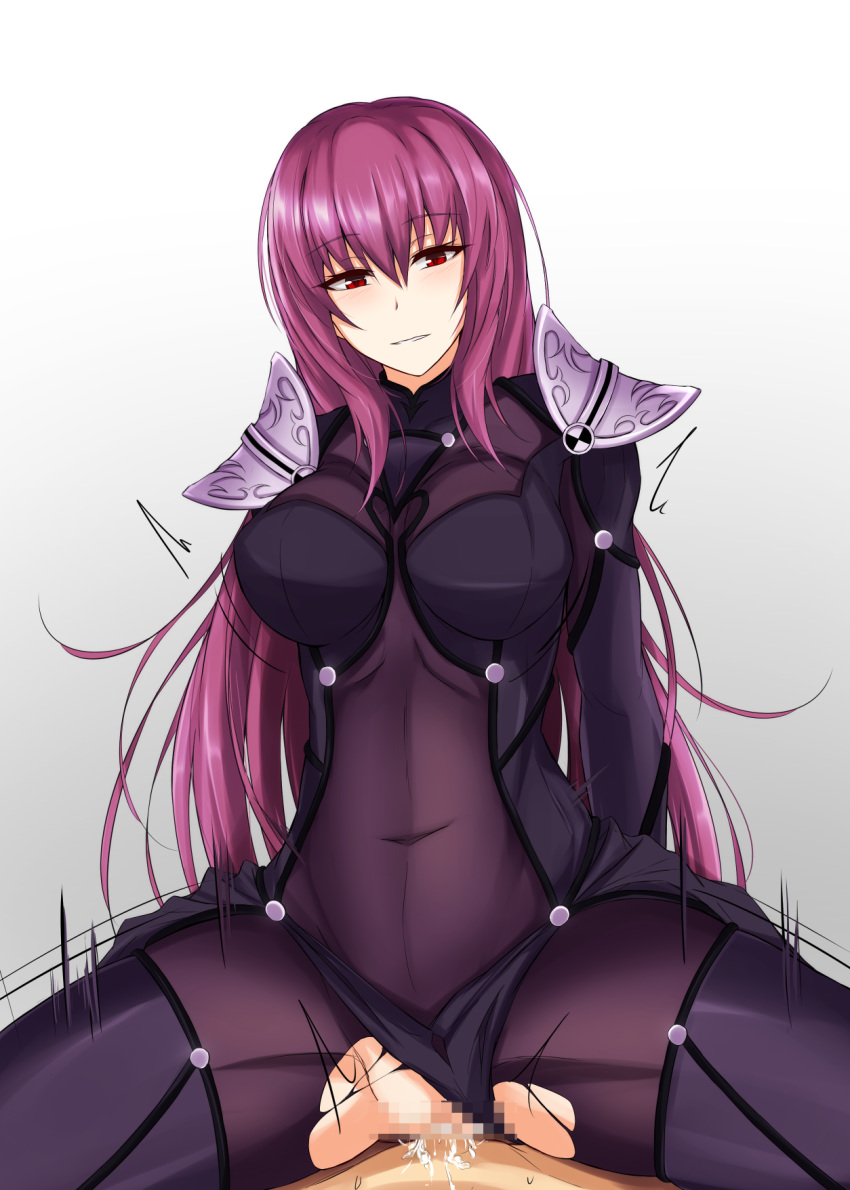 1boy bangs blush bodysuit breasts censored covered_navel cowgirl_position cum cum_in_pussy fate/grand_order fate_(series) female highres large_breasts long_hair mosaic_censoring motion_lines parted_lips pauldrons piro_(iiiiiiiiii) pov_crotch purple_bodysuit purple_hair red_eyes scathach_(fate) sex smile solo_focus spread_legs straddling torn_bodysuit torn_clothes very_long_hair