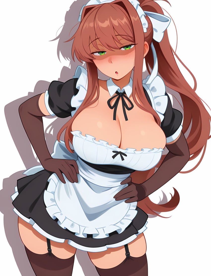 1female 1girl 1girls 2026 ai ai-created ai_art ai_generated big_breasts boobs breasts brown_hair ddlc doki_doki_literature_club female female_focus female_only green_eyes hand_on_hip human human_only light-skinned_female light_skin looking_at_viewer maid maid_headdress maid_outfit maid_skirt maid_stockings maid_uniform monika_(doki_doki_literature_club) open_eyes open_mouth shadow stockings team_salvato