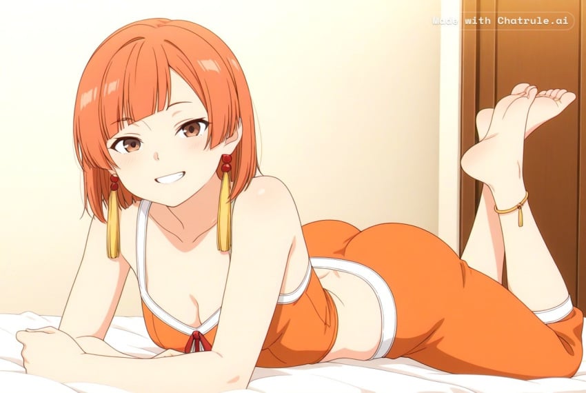 1girl ai_assisted ai_generated anime_screencap anklet bare_shoulders barefeet bedroom brown_eyes cleavage curvy_body detailed_feet eyes_half_closed feet_up grin looking_at_viewer narrow_waist orange_hair petite prone_position round_ass small_breasts soft_breasts tassel_hair_ornament the_pose tired wide_hips