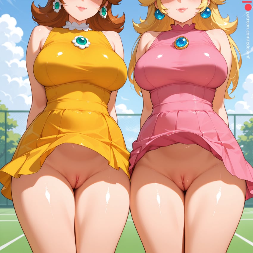 2026 2girls ai_generated arms_behind_back bare_shoulders big_breasts blonde blonde_hair blue_sky blush bottomless breasts brown_hair clitoris closed_mouth day dress earrings edosynf face_out_of_frame female female_only gem hairless_pussy head_out_of_frame highres jewelry large_breasts legs_together lips long_hair mario_(series) medium_hair multiple_girls naughty_face nintendo no_panties no_underwear orange_dress outdoor_nudity outdoors pink_dress princess_daisy princess_peach pussy pussy_peek self_upload shiny shiny_hair shiny_skin side-by-side sky sleeveless sleeveless_dress sphere_earrings standing super_mario_bros. super_mario_galaxy super_smash_bros. take_your_pick tennis_court thighs uncensored uncensored_pussy uncensored_vagina underwear vagina vulvae wind wind_lift yellow_dress yuri