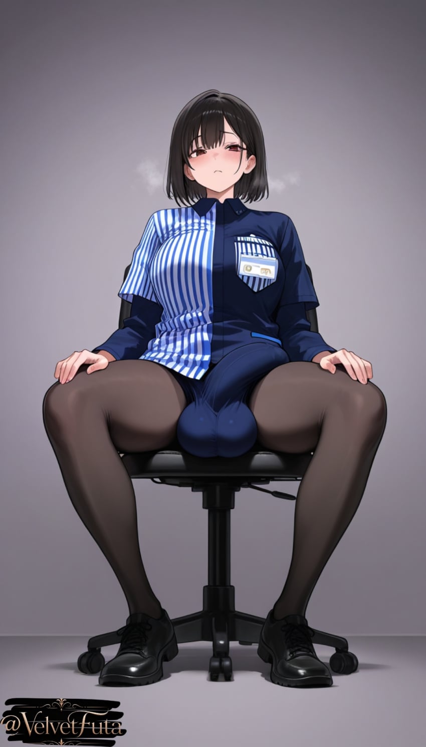 1futa 1futanari ai_generated big_balls big_breasts big_penis bulge bulge_through_clothing flaccid flaccid_penis front_view full_body futa_is_bigger futa_only futadom futanari huge_balls large_breasts large_penis massive_penis sitting thick_thighs tight_clothing