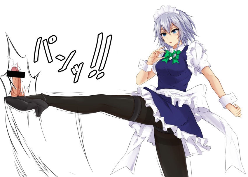 >:o :o apron ballbusting black_legwear black_shoes blue_dress blue_eyes blush bow bowtie braid breasts cock_and_ball_torture crotch_kick disembodied_penis dress female green_bow green_bowtie hairbow high_heels maid maid_headdress medium_breasts pantyhose parted_lips penis petticoat piro_(iiiiiiiiii) puffy_short_sleeves puffy_sleeves sakuya_izayoi shoes short_sleeves silver_hair solo thigh_strap thighband_pantyhose tied_hair touhou tsurime twin_braids waist_apron wrist_cuffs