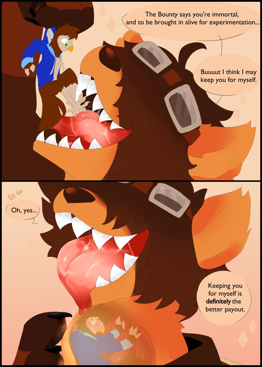 absurd_res anthro avian barn_owl bird black_border bodily_fluids border brown_body brown_feathers brown_fur clothing dialogue duo english_text extreme_size_difference feathers fur gearbird hi_res licking male male/male male_pred male_prey mammal murksworks murky mustelid orange_body orange_fur owl poink_(moodymustelid) polecat_(mustelid) saliva size_difference swallowed_alive swallowing teasing text tongue tyto tytonid vore