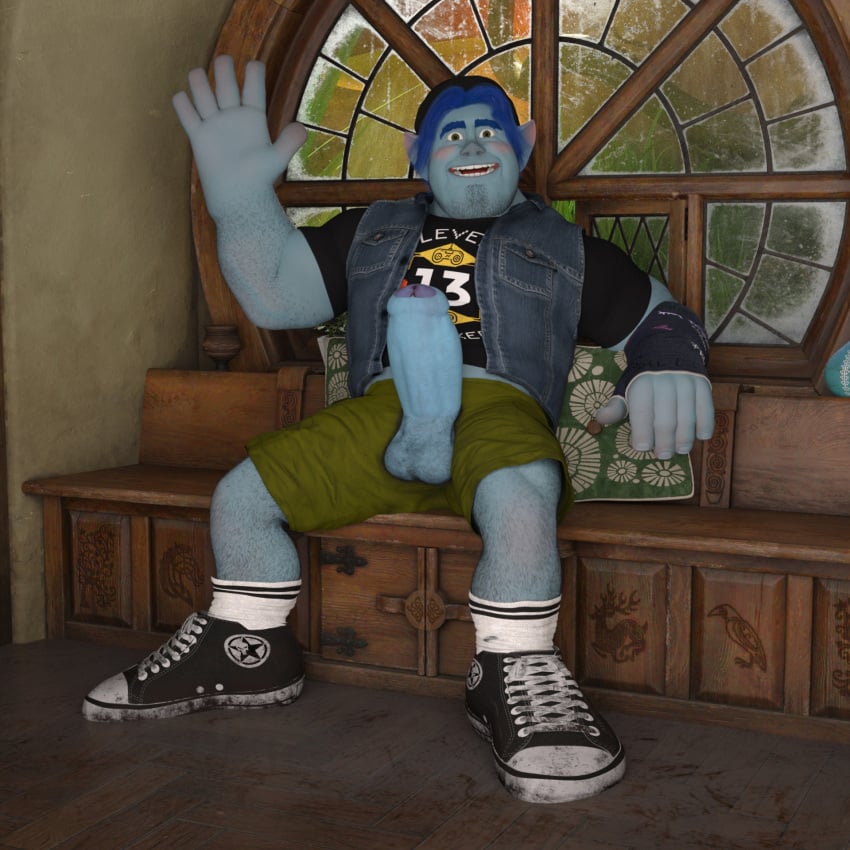 1boy 2026 3d balls barley_lightfoot big_penis blue_hair davpeet daz_studio disney elf foreskin green_eyes hairy indoors jacket male male_only onward_(2020) penis penis_through_fly pixar shorts solo spread_legs