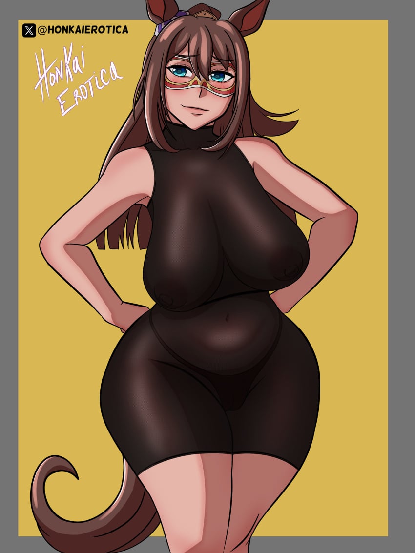 big_boobs big_breasts blue_eyes brown_hair el_condor_pasa_(umamusume) horse_ears horse_girl horse_tail kemonomimi light-skinned_female light_skin long_hair mask masked masked_female nipples_visible_through_clothing pantyhose pawg thick_thighs thighs thong transparent_clothing umamusume umamusume_pretty_derby