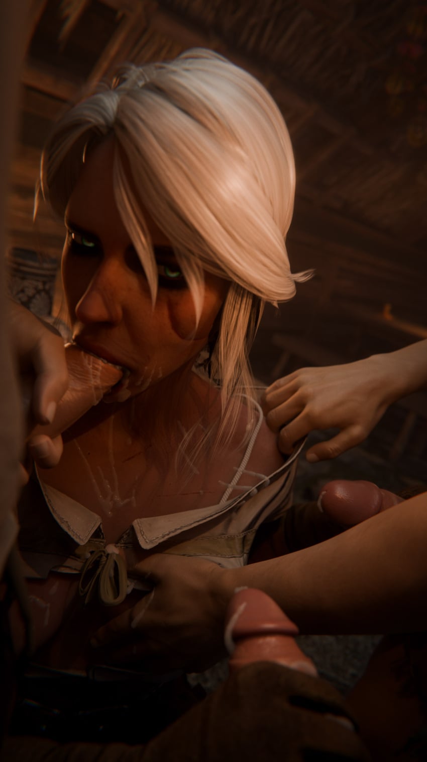 1girl 3boys 3d blowjob breasts ciri clothed cum cum_in_mouth cum_on_body cum_on_breasts fahama220 female flashing_breasts green_eyes handjob light-skinned_female light-skinned_male male render tagme the_witcher_(series) the_witcher_3:_wild_hunt white_hair
