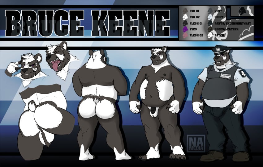 anthro ass avias_(artist) balls bear clothed clothing flaccid male mammal model_sheet muscular nipples nude overweight panda penis police_uniform pubes solo standing tongue tongue_out uniform