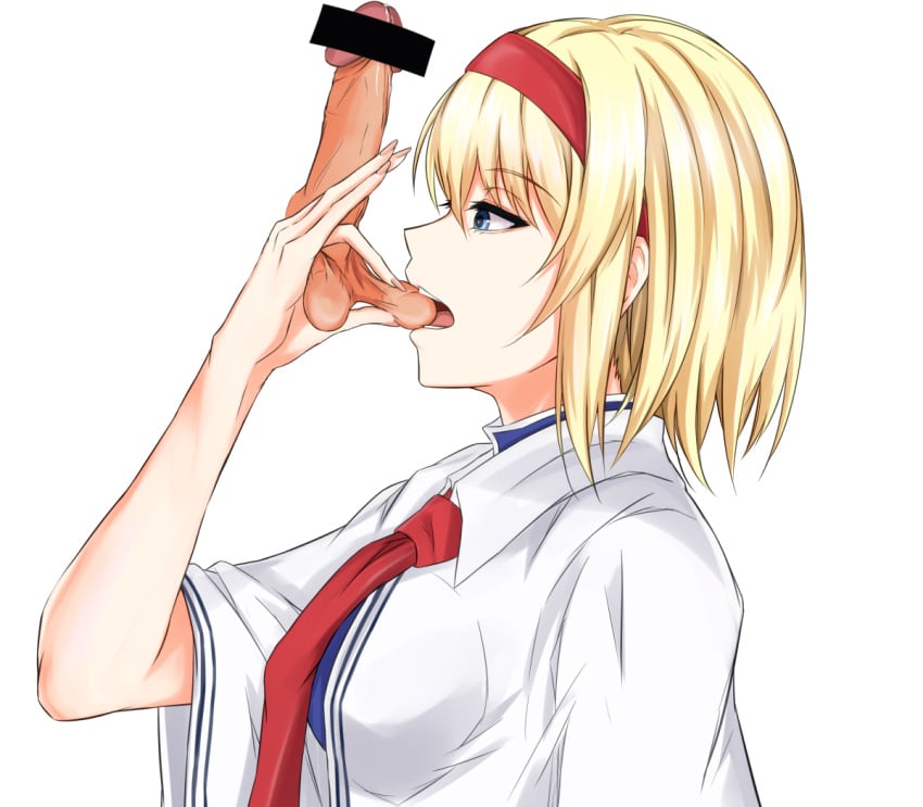 alice_margatroid ballbusting bangs bar_censor biting blonde_hair blue_eyes breasts capelet censored cock_and_ball_torture disembodied_penis female from_side nail_polish neck_ribbon open_mouth penis pink_nails piro_(iiiiiiiiii) profile red_ribbon ribbon short_hair solo testicle_biting touhou upper_body