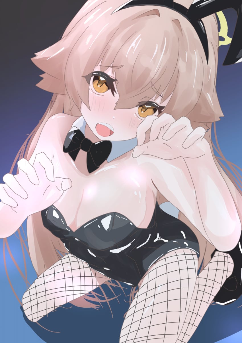 alternate_hairstyle blue_archive blush bunny_ears bunny_girl bunnysuit claw_pose fishnets hair_down hifumi_(blue_archive) large_breasts naughty_face teeth