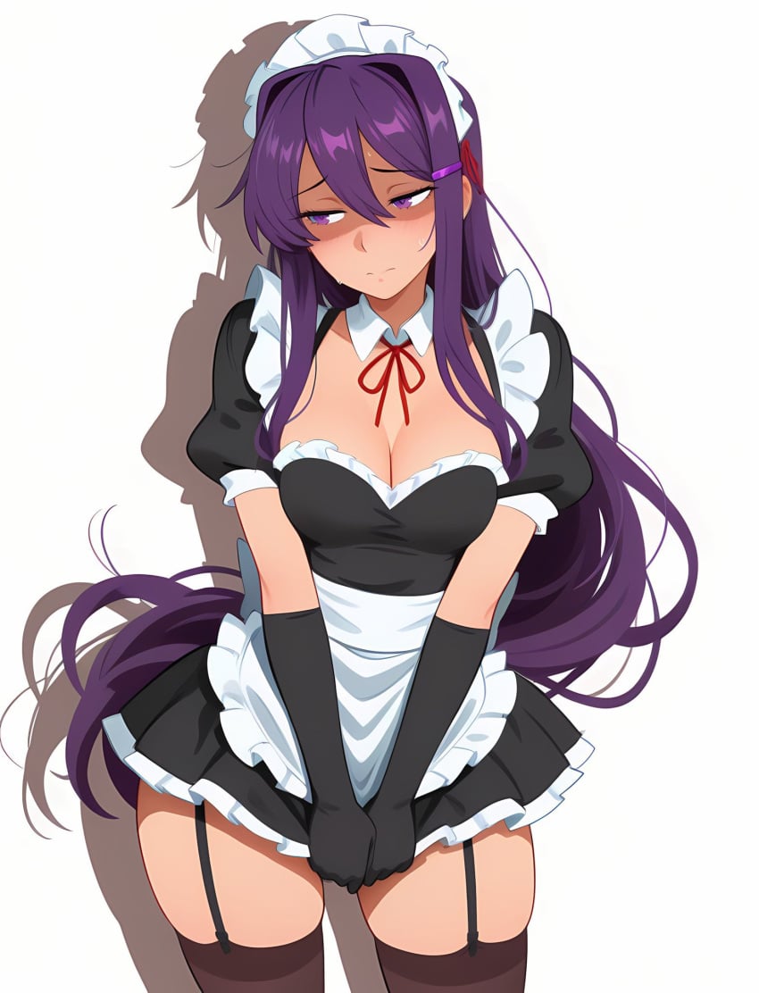 1female 1girl 1girls 2026 ai ai-created ai_art ai_generated big_breasts boobs breasts ddlc doki_doki_literature_club female female_focus female_only human human_only light-skinned_female light_skin looking_at_viewer looking_away maid maid_headdress maid_outfit maid_skirt maid_stockings maid_uniform open_eyes purple_eyes purple_hair shadow shy shy_female shy_girl stockings team_salvato yuri_(doki_doki_literature_club)