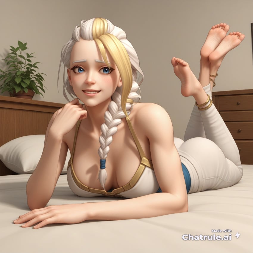 1girl 3d ai_assisted ai_generated anklet bare_shoulders barefeet bedroom blonde_hair blue_eyes blush braid cleavage curvy_body detailed_feet embarrassed eyes_half_closed feet_up forest_background grin jaina_proudmoore large_breasts looking_at_viewer multicolored_hair narrow_waist petite prone_position render round_ass selfie_pose side_view small_breasts smile soft_breasts solo the_pose tired white_hair wide_hips world_of_warcraft