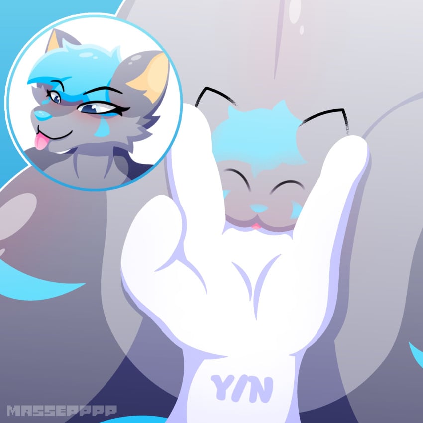 1:1 blep blush canid canine fingering fiora_blue hi_res looking_pleasured mammal massepppp meme offscreen_male pussy-cat_(meme) tongue tongue_out vaginal vaginal_fingering ych_(character)