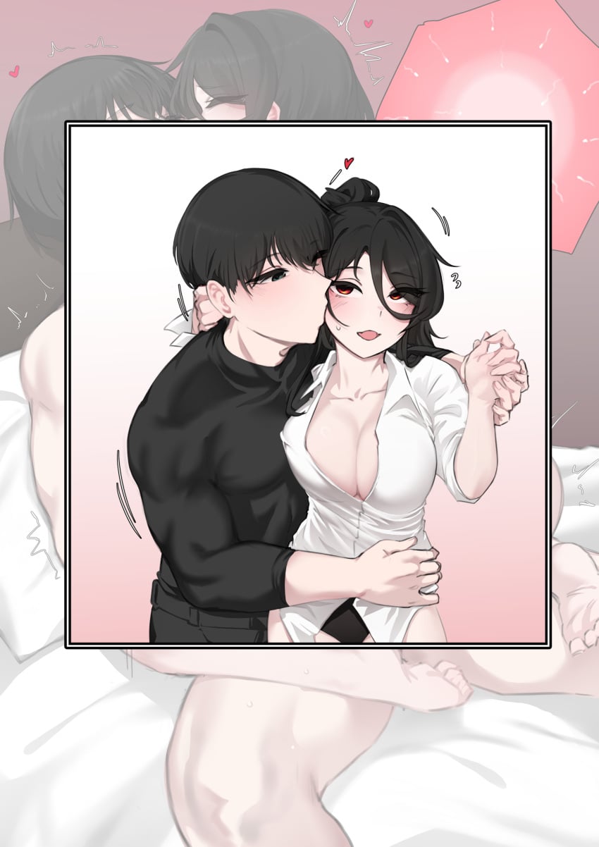 1boy 1girl absurdres arm_across_waist bandit-chan_(k0ng) black_hair black_panties black_pants breasts cleavage closed_eyes collarbone cowboy_shot cross-section fertilization genderswap genderswap_(ftm) hair_between_eyes high_heels highres k0ng kiss kissing_cheek large_breasts long_bangs long_hair long_hair_between_eyes long_sleeves muscular namul_(k0ng) open_clothes open_mouth open_shirt original ovum panties pants ponytail red_eyes shirt short_hair short_sleeves sleeves_rolled_up smile sperm_cell sweatdrop underwear white_shirt