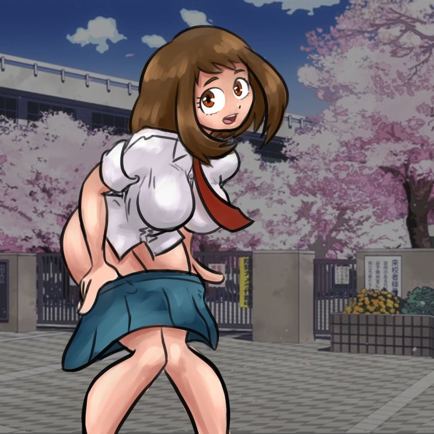2020 cyanderthal digital_media_(artwork) exhibitionism my_hero_academia no_panties ochako_uraraka outdoors public pulling_down_skirt school school_uniform stripping teenager undressing