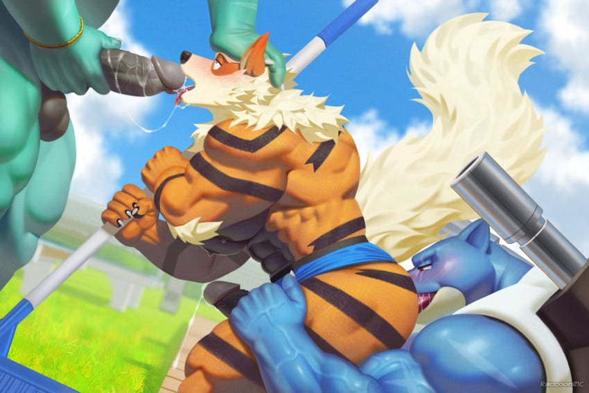 2026 anal anthro anthro_on_anthro arcanine balls bara big_muscles big_penis black_body black_fur blastoise blue_body blush canid canine erection faceless_anthro faceless_character faceless_male fur gay generation_1_pokemon genitals green_body group group_sex hi_res humanoid_genitalia humanoid_penis male male/male male_anthro multicolored_body multicolored_fur muscular muscular_anthro muscular_male nintendo open_mouth oral orange_body orange_fur penis pokemon pokemon_(species) raccoon21 rimming sex threesome tongue tongue_out