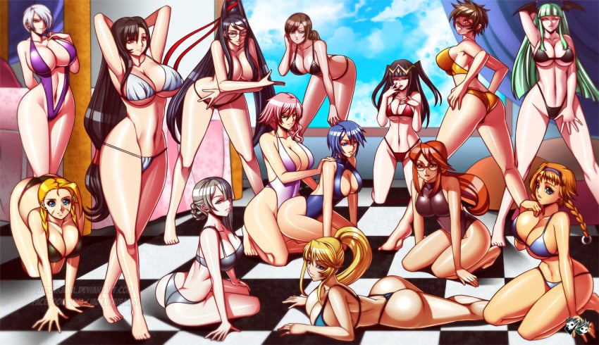 14girls 6+girls alternate_breast_size aqua_(kingdom_hearts) ass barefoot bayonetta bayonetta_(character) big_breasts bikini blizzard_entertainment breasts cammy_white capcom checkered_floor cleavage crossover darkstalkers disney eclair_farron elite_four female female_only final_fantasy final_fantasy_vii final_fantasy_xiii fire_emblem fire_emblem_awakening glasses hair_tie harem huge_breasts human human_only isabella_valentine jadenkaiba kaine_(nier) kingdom_hearts large_breasts leina lorelei_(pokemon) lorelei_(pokemon_frlg) medium_breasts metal_gear_solid metal_gear_solid_v metroid micro_bikini morrigan_aensland multiple_girls namco nier_(series) nier_replicant nintendo one-piece_swimsuit one_piece_swimsuit overwatch pokemon pokemon_frlg pokemon_rgby queen's_blade quiet_(metal_gear) samus_aran sega sling_bikini small_breasts soul_calibur square_enix street_fighter succubus swimsuit tharja_(fire_emblem) thong tifa_lockhart tracer two_piece_swimsuit