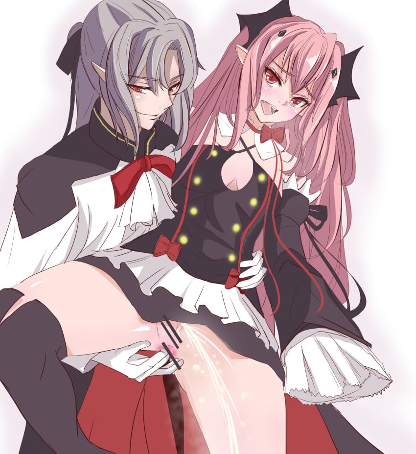 1boy anal anal_fingering bare_shoulders blush censored fangs female ferid_bathory fingering gloves gothic_lolita krul_tepes long_hair no_panties open_mouth owari_no_seraph peeing pussy_juice red_eyes saliva squirting teeth thighs tongue vampire