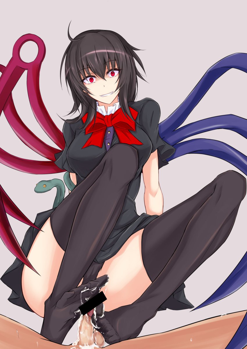 1boy arm_support asymmetrical_wings bangs bar_censor black_dress black_hair black_legwear black_panties bow bowtie breasts buttons censored crazy_eyes cum cum_on_body cum_on_clothes cum_on_lower_body dress female femdom footjob footjob_with_legwear grin hair_between_eyes highres large_breasts long_hair looking_at_viewer nue_houjuu panties pantyshot pantyshot_(sitting) piro_(iiiiiiiiii) pov_crotch red_bow red_bowtie red_eyes short_dress sitting small_penis smile snake solo_focus thighhighs touhou underwear wings