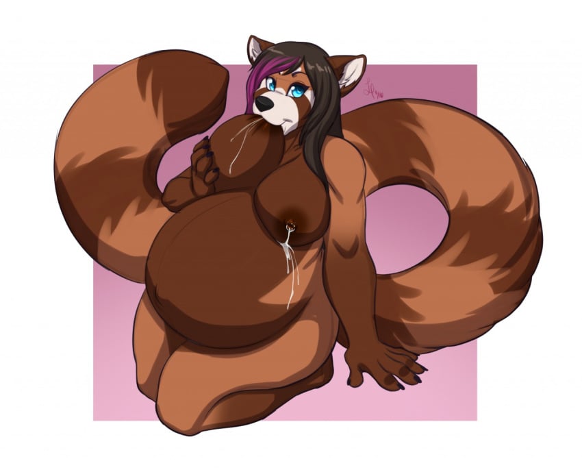 anthro breasts cute dripping huge_belly lactation lavenderpandy mammal milk nipples pregnant ready_to_pop red_panda sen_(looneyluna) suckling