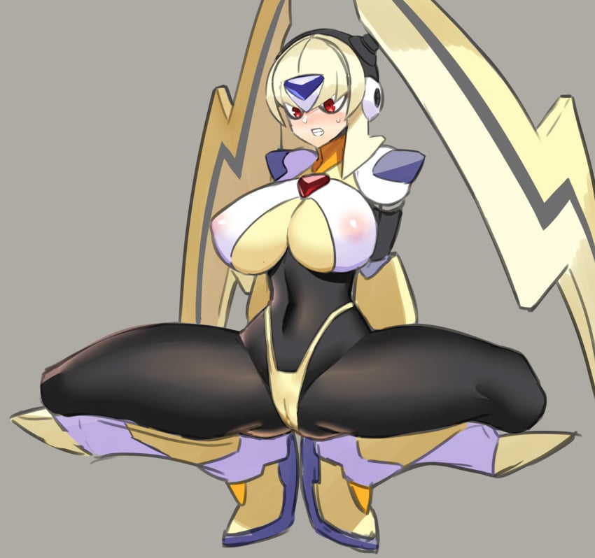 1girls android big_breasts cameltoe clenched_teeth mega_man mega_man_xover nipples_visible_through_clothing oro_s red_eyes robot_girl spread_legs squatting tagme ukimukai wide_hips