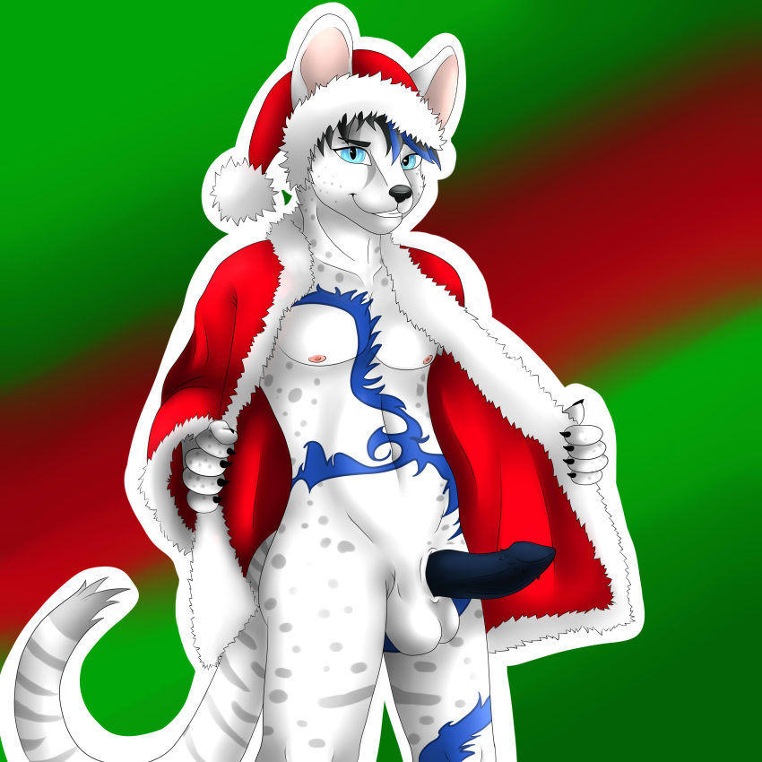 albino anthro balls big_ears black_nose christmas erection feline fur furry hat holidays looking_at_viewer mako_aluveaux male male_only mammal navel nipples nude open_robe penis robe santa_hat serval simple_background slim smile solo standing white_fur zoru_fox