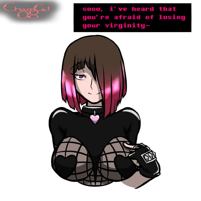 bete_noire betty_noire big_breasts breasts brown_hair chaoscat08 dialogue dialogue_box female glitchtale hair_covering_one_eye pink_eye pink_hair short_hair touching_own_breast underlust white_background