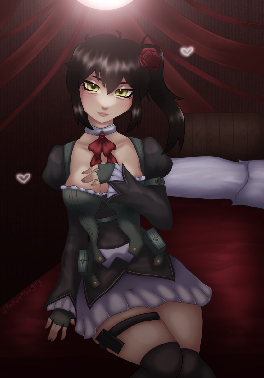 collar collarbone cosplay digital_media_(artwork) fingerless_gloves green_eyes lips lipstick looking_at_viewer lying lying_on_bed magical_girl mahou_shoujo_tokushusen_asuka mature_female ootorii_asuka prepare4surgery renee_graves sitting_on_bed thigh_highs