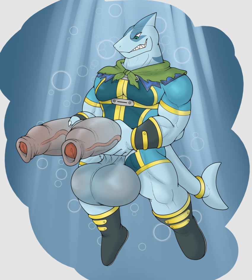 2_penises absurd_res anthro araba_(shangri-la_frontier) balls big_balls big_penis biped diphallia diphallism dorsal_fin fin fingers fish foreskin furry genital_raphe genitals hi_res horizontal_diphallism huge_balls huge_cock humanoid_genitalia humanoid_penis loose_foreskin male male_only marine multi_genitalia multi_penis muscular muscular_anthro muscular_male penis raphe_(anatomy) rokie38 scrotal_raphe shangri-la_frontier shark sharp_teeth solo tail tail_fin teeth uncircumcised unretracted_foreskin vein veiny_penis