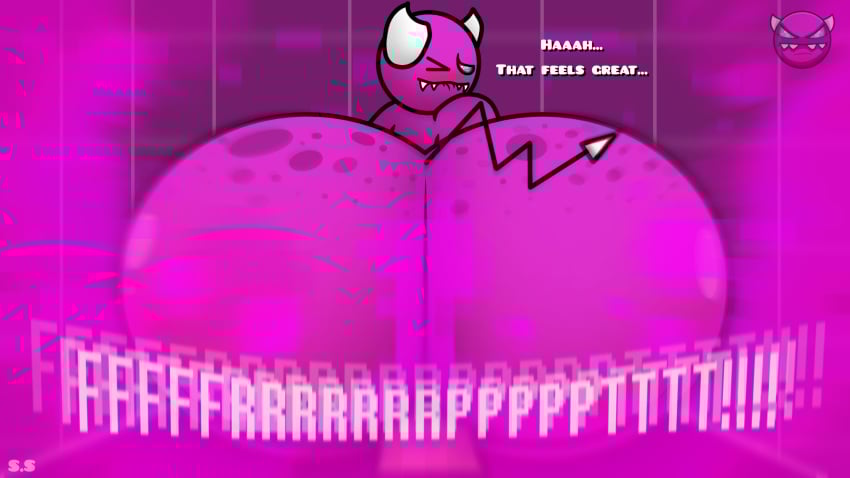 1boy big_ass big_butt cube_4_(geometry_dash) demon face_in_ass facesitting fart fart_cloud fart_everywhere fart_fetish farting farting_in_face farting_on_another farting_on_face freckles_on_ass geometry_dash green_eyes horns huge_ass huge_butt hyper_ass hyper_butt male medium_demon onomatopoeia pink_body pink_skin robtopgames sci-salandre sharp_teeth sitting sitting_on_person text