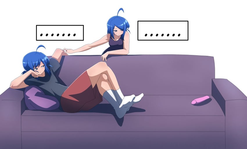 1boy 1girls blue_eyes blue_hair brother_and_sister casual clothed dialogue dildo english_text expressionless female femboy hikaru_shimoto incest male oc original_character sex_toy sofa text twins uncensored zukafu_shimoto zukafu_shimoto_(character)