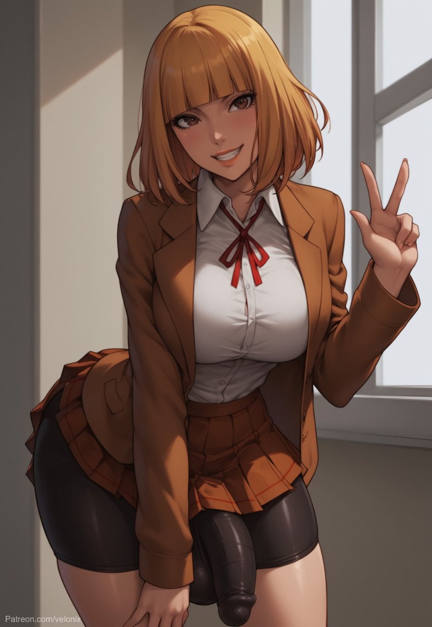 1futa 1futanari ai_generated ass bending_forward big_ass big_breasts big_butt big_hips big_penis bike_shorts black_shorts blonde_hair bob_cut breasts brown_clothes brown_clothing brown_eyes brown_jacket brown_skirt cleavage clothed clothing dick dickgirl eyebrows eyelashes futa_only futanari grin grinning grinning_at_viewer hair hands-free high_school_student huge_cock indoors jacket lips lipstick long_hair looking_at_viewer makeup medium_hair midorikawa_hana narrow_waist narrowed_eyes nose peace_sign penis prison_school ribbon school school_uniform schoolgirl schoolgirl_uniform seducing seductive seductive_eyes seductive_gaze seductive_look seductive_mouth seductive_pose seductive_smile shirt short_hair skirt smile smile_at_viewer smiley_face smooth_balls smooth_penis smooth_skin solo solo_dickgirl solo_focus solo_futa solo_futanari testicles tight_clothing uniform velonix white_shirt yellow_hair