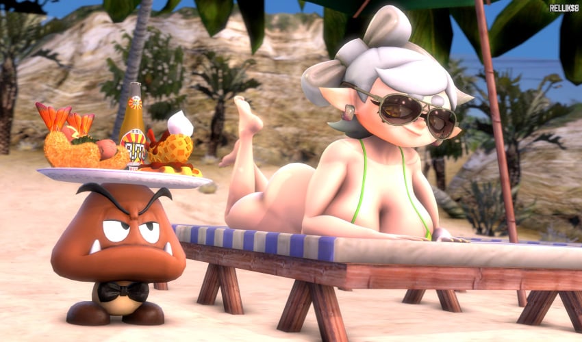 1girls 3d beach big_ass big_breasts big_butt bikini bottle bowtie earrings fat_ass feet feet_up female food glasses goomba green_bikini laying laying_on_stomach male/female marie_(splatoon) mario_(series) nintendo palm_tree relliksb sand service serving_tray soles soles_female splatoon splatoon_(series) sunbathing super_mario_bros. swimsuit white_hair