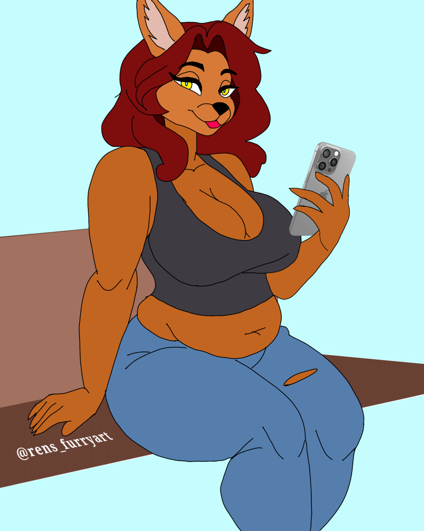 1girls 4:5 absurd_res animal_humanoid anthro ass bench big_breasts big_butt bottomwear breasts canid canid_humanoid canine canine_humanoid clothing denim denim_bottomwear denim_clothing electronics female fox fox_humanoid fur hair hi_res holding_object holding_phone humanoid jeans mammal mammal_humanoid on_bench orange_body orange_fur pants phone red_hair ren_imperior shirt sitting sitting_on_bench slightly_chubby solo tank_top thick_thighs topwear wide_hips