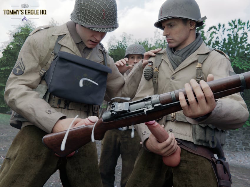 army cum cum_on_weapon cumshot exhibitionism gay gay_male gay_sex group gun jerking_off jerkingoff jerkingoff_together masturbation medal_of_honor_airborne military outdoors soldier tommys_eagle_hq uniform ww2
