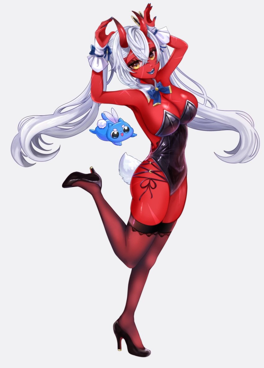 akumi animal_ears arms_up bangs bare_shoulders black_footwear black_leotard blush bowtie breasts bunny_ears bunnysuit cleavage covered_navel demon_girl detached_collar eyebrows_visible_through_hair female fingernails full_body gloves grey_background hair_between_eyes high_heels highleg highleg_leotard horns large_breasts leotard long_hair looking_at_viewer oni oni_horns open_mouth parted_lips pointy_ears red_footwear red_skin shoes single_horn smile solo spikes strapless strapless_leotard striped striped_background tail teeth thigh_strap thighhighs thighs twintails very_long_hair vyugen white_hair wrist_cuffs yellow_eyes