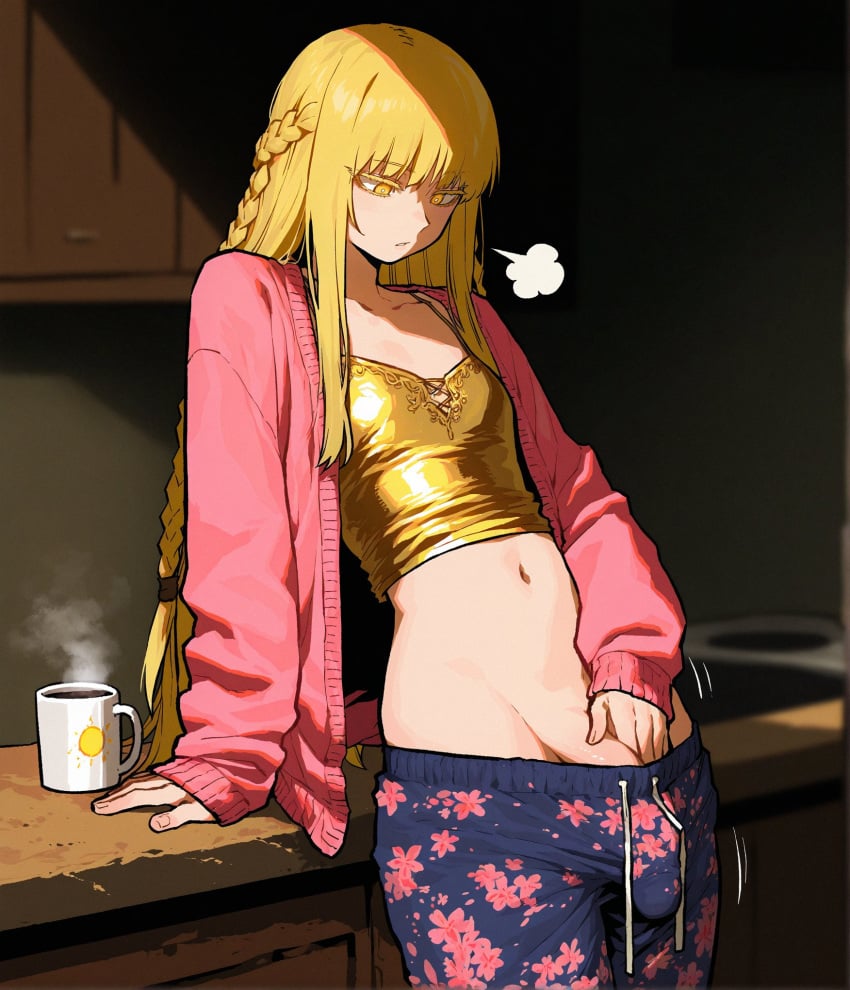 1boy ai_generated big_penis blonde_hair bulge bulge_through_clothing elden_ring femboy fromsoftware hand_on_penis long_hair male male_focus male_only miquella no_panties pajamas penis penis_base ramwam solo solo_male yellow_eyes