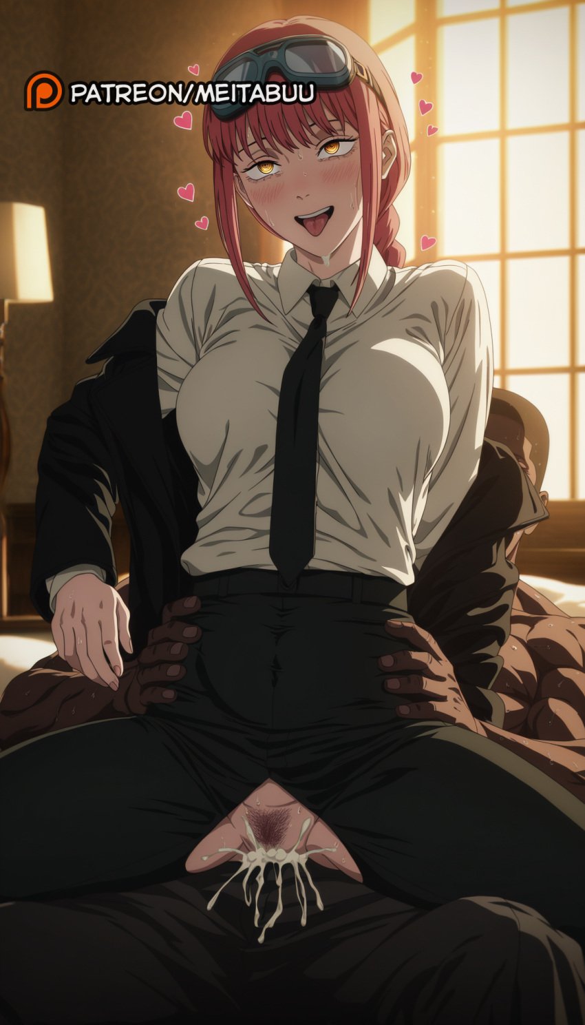1boy ahe_gao ai_generated black_jacket black_necktie black_pants blush braid braided_ponytail breasts censored chainsaw_man clothed_female_nude_male clothed_sex collared_shirt cowgirl_position crotch_cutoutmakima_(chainsaw_man) cum cum_in_pussy cum_overflow dark-skinned_male dark_skin female female_pubic_hair goggles goggles_on_head heart high-waist_pants indoors interracial jacket lamp large_breasts long_hair long_sleeves makima_(chainsaw_man) medium_breasts meitabuu mosaic_censoring necktie nude off_shoulder open_mouth pants penis pubic_hair pussy red_hair reverse_cowgirl_position ringed_eyes sex sex_from_behind shirt shirt_tucked_in sidelocks smile solo_focus spread_legs straddling straight suit teeth tongue tongue_out torn_clothes torn_pants upper_teeth_only vaginal_penetration white_shirt window yellow_eyes