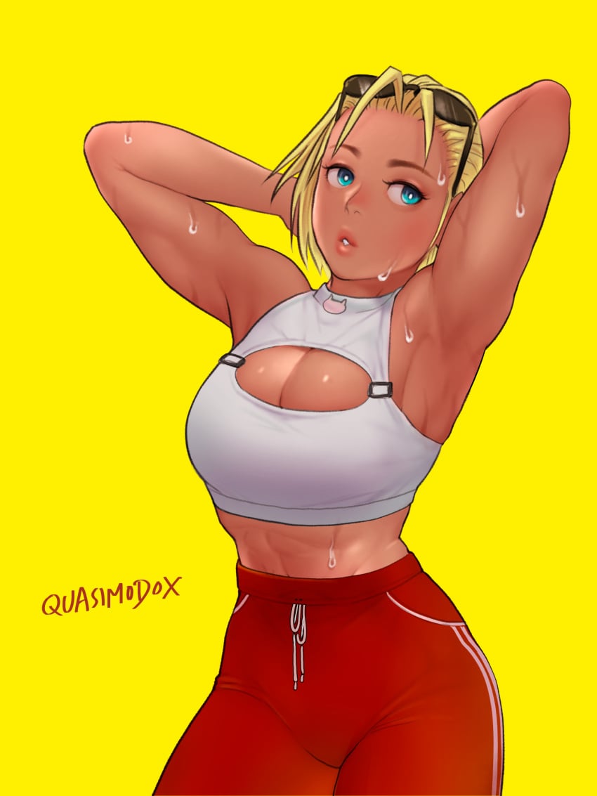 1girl 1girls abs armpits blonde_hair blue_eyes cammy_white casual cleavage cleavage_cutout clothed crop_top female medium_breasts mikadawn quasimodox red_pants short_hair sleeveless solo street_fighter street_fighter_6 sunglasses sunglasses_on_head sweat tan_body tanned tanned_female track_pants yellow_background